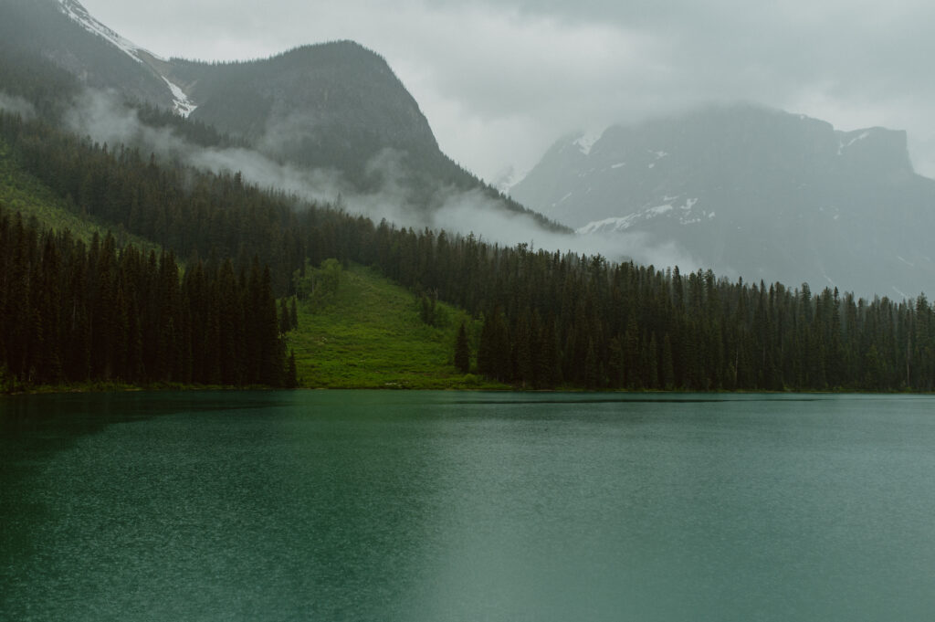 rainy day on the water of Emerald Lake in Yoho National Park, Canada
