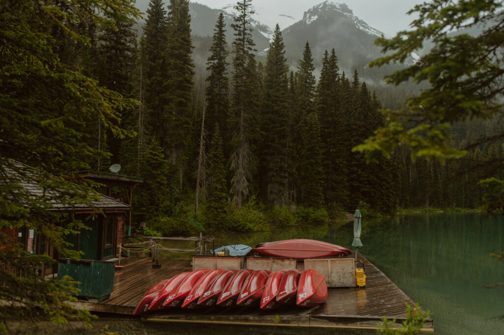 view of canoe rentals at Emerald Lake in Yoho National Park, British Columbia