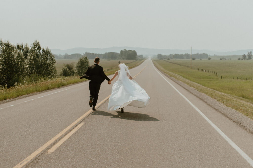 runaway wedding couple in the foothills of Alberta outside of Turner Valley