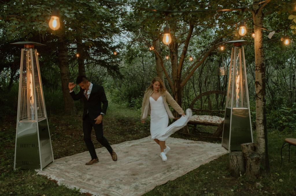 couple has wedding reception in the forest in Southern Alberta