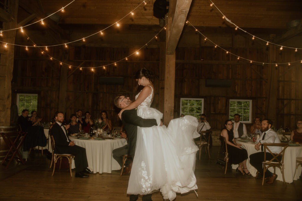 first dance between bride and groom in a barn wedding in southern ontario, canada