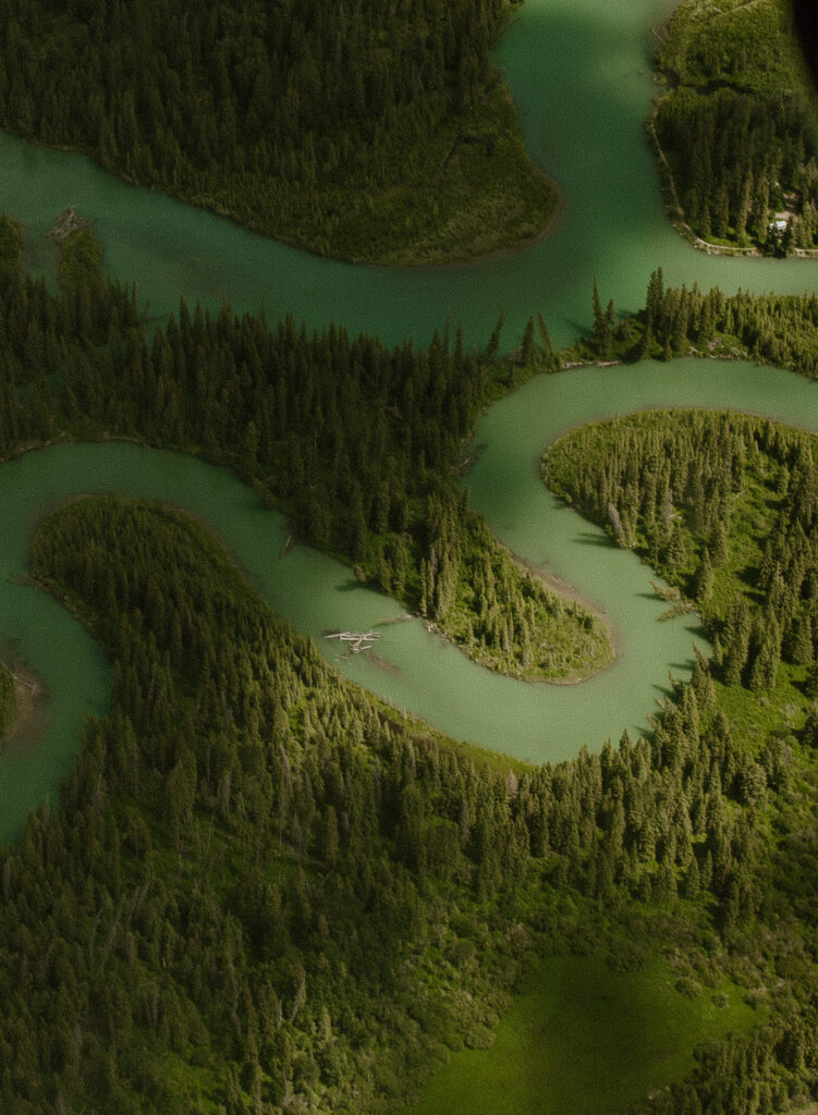 aerial shot of the bow river in Canmore, Canada